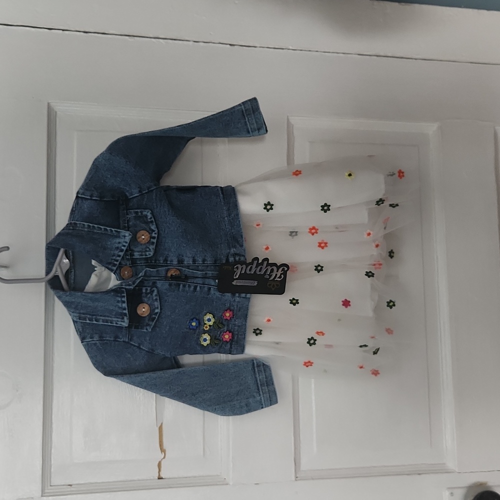 Toddler girl outfit. White flower dress and blue denim coat. Size 1-2 years